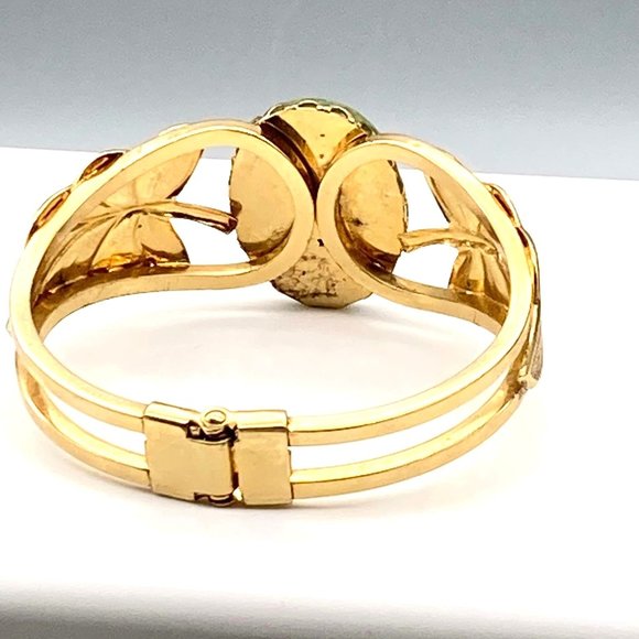 Vintage Jade Hinged Cuff Bracelet with Gold Tone Leaves, 1970s Clamper Statement - Picture 6 of 7